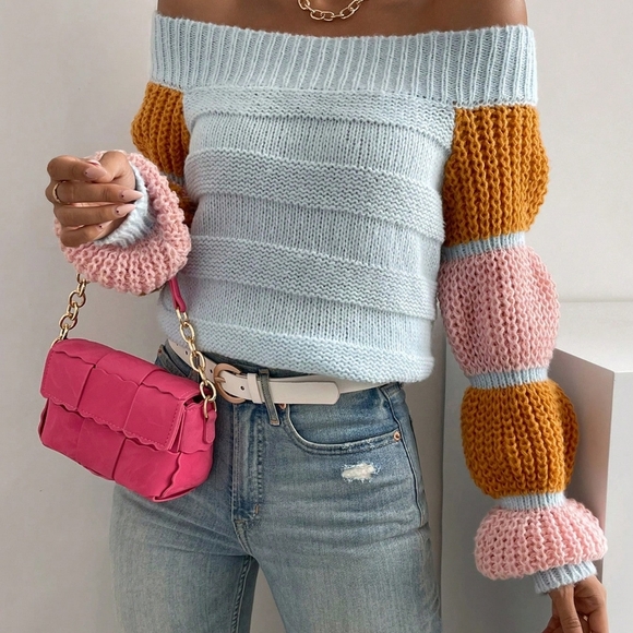 Colorblock Off Shoulder Lantern Sleeve Sweater